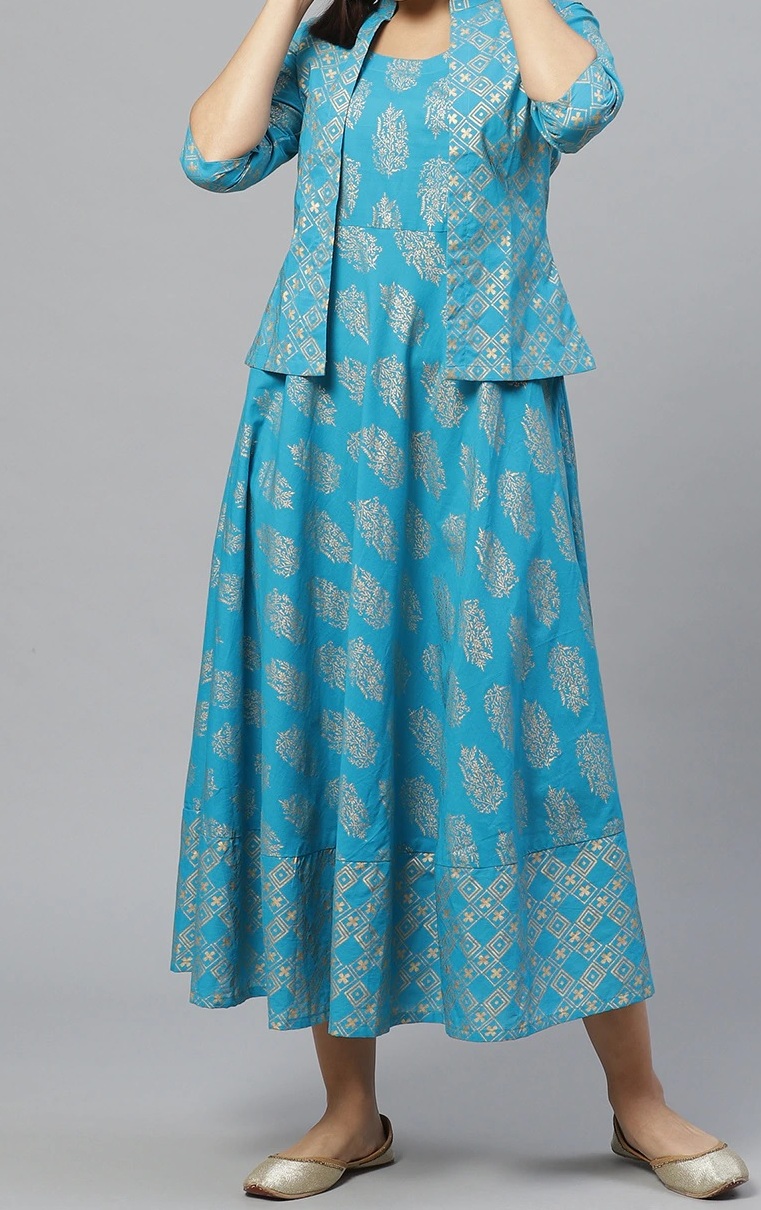 Shop Turquoise Cotton Anarkali Kurta With Floral Print Collection Online at  Soch India
